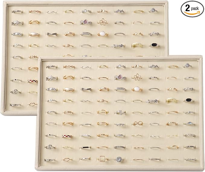 Large Velvet Jewelry Tray 2 Pack Stackable Jewelry Display Drawer Inserts Trays Organizer for Earring Bracelet Necklace Ring (Beige, Ring 81 Slots)