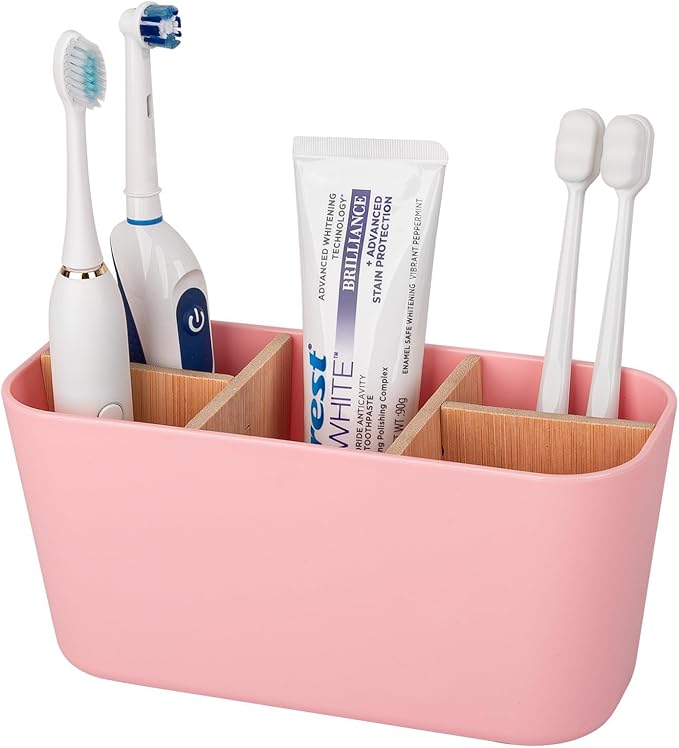 Toothbrush Holders for Bathrooms, Bamboo Tooth Brush Holder with 5 Slots Bathroom Vanity Organizer Countertop for Electric Toothbrushes, Toothpaste, Razors - Pink