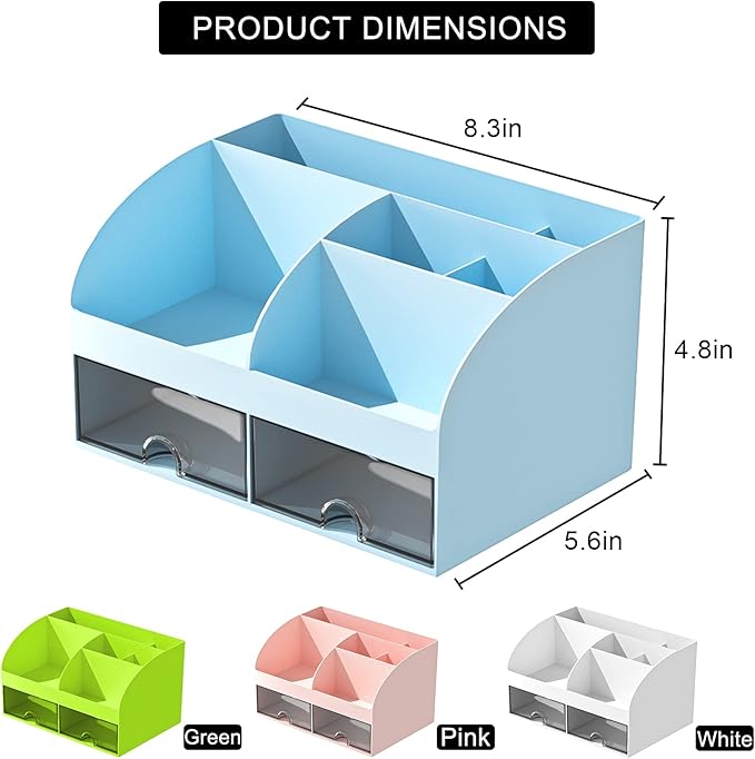 Desk Organizer with 6 Compartments and 2 Drawers, Plastic Makeup Organizer, Blue