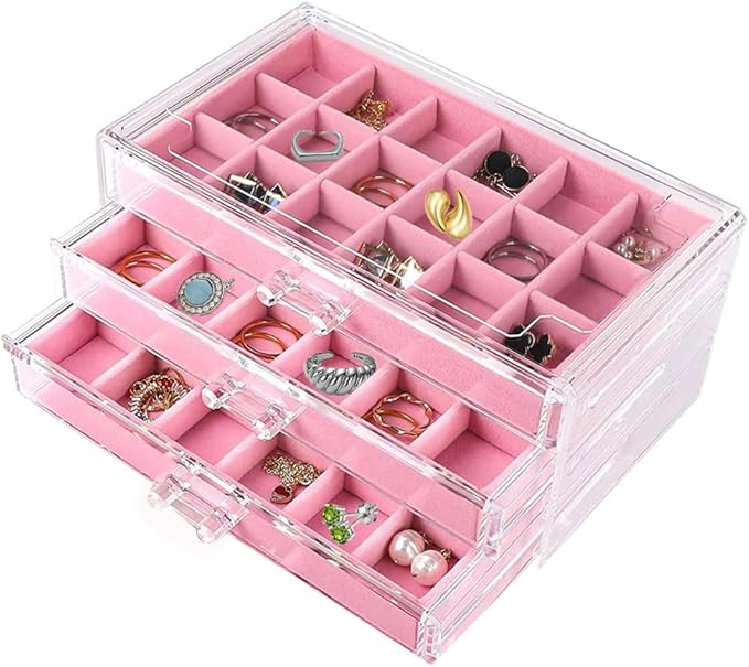 YUFONG Earring Organizer Box Acrylic Jewelry Organizer with 3 Drawers 54 Adjustable Grids Clear Stackable Earring Holder Velvet Trays Ring Display Case for Women Girls (Pink)