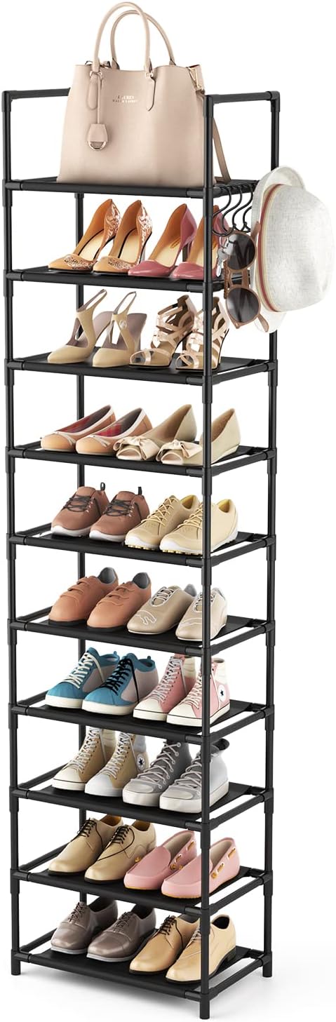 10 Tiers Tall Shoe Rack 20-25 Pairs Boots Organizer Storage Sturdy Narrow Shoe Shelf for Entryway, Closets with Hooks, Black