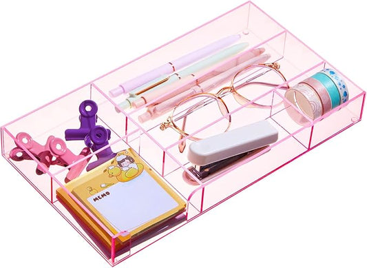 Translucent Pink Acrylic Desk Drawer Organizer 11 x 6.1 x 1.38 Inch Storage Tray