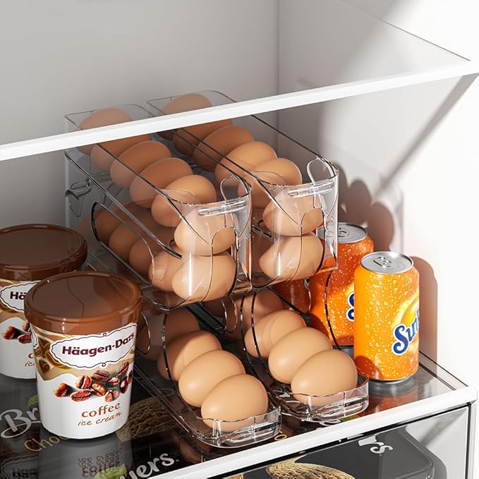 Sotfamily Clear Egg Holder for Fridge, Auto Rolling Egg Dispenser for Eggs 36 Count, FIFO Design, Space-Saving Egg Roller, Organizer, Container, Storage for Refrigerator & Kitchen Countertop(2 Packs)