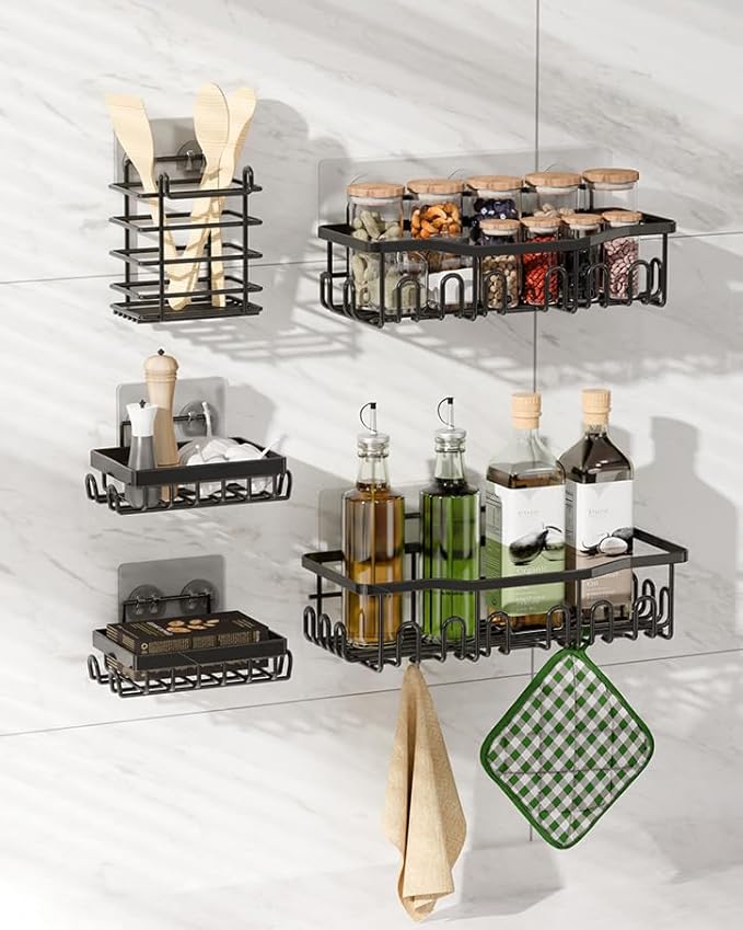 Shower Caddy 5 Pack Rustproof Stainless Steel Bath Organizers With Large Capacity, No Drilling Shelves, Adhesive Shower Caddy, for Bathroom Storage & Home Decor, SC02, Black