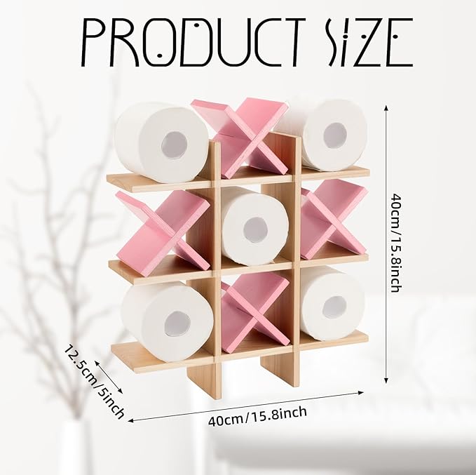 Weysat Tic Tac Toe Toilet Paper Holder Stand Bathroom Wall Decor Rustic Wooden Hanging Storage Freestanding Wall Mounted Shelves Decor for Toilet Tissue Farmhouse(Wood Color, Pink)