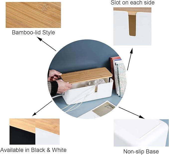 Changsuo Small Cable Management Box with Bamboo Lid for Extension Cord Power