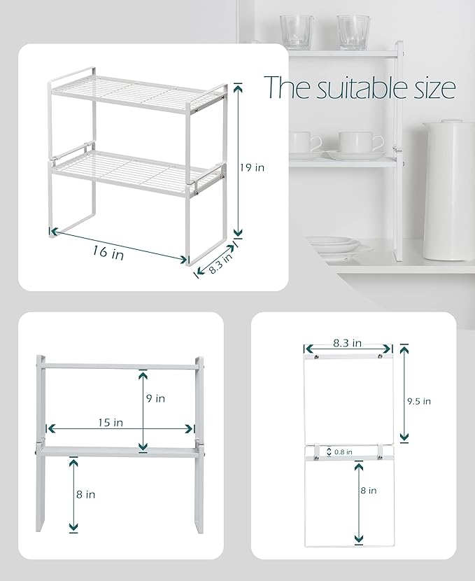 Shantton 2Pack Cabinet Shelf Organizer Storage Rack Space Saving for Kitchen Counter Pantry Bathroom Cupboard Under Sink Office Table Steel Stackable Rust Resistant Heavy Duty Nonslip 16” White - Tall