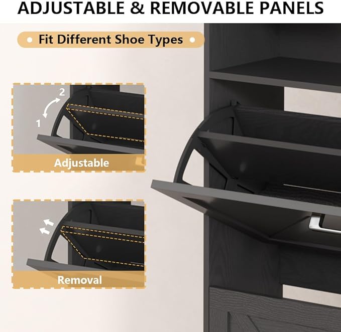 Shoe Cabinet with 2 Flip Drawers, Freestanding Hidden Shoe Storage Organizer for Entryway, Narrow Slim Shoe Rack Cabinet with Open Storage & Hooks for Front Door Entrance, Living Room, Hallway, Black