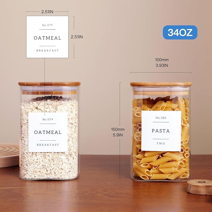 6 Pack Square Kitchen Storage Jars with Airtight Bamboo Lids and 132 Pantry
