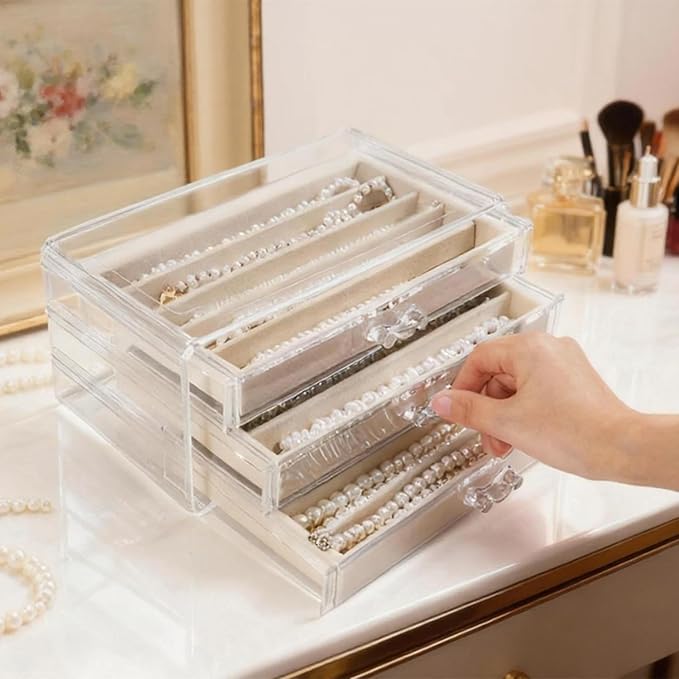 CLUQMEIK Necklace Organizer Box with Clear Lid, Dustproof Velvet Jewelry Holder Storage Display Case, Stackable Acrylic Necklace Tray Drawer Insert for Women and Girls (Beige,3 Drawers)