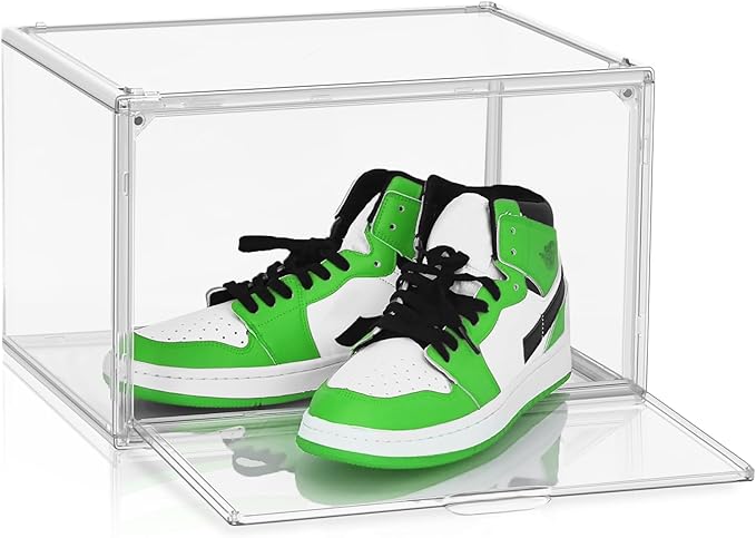 Size 14 Shoe Storage Organizer, Clear Stackable Shoe Boxes with Magnetic Door, Acrylic Sneaker Shoe Display Case, Plastic Shoe Organizer Containers for Sneakers, Fits up to Men’s Size 14, 1 Pack