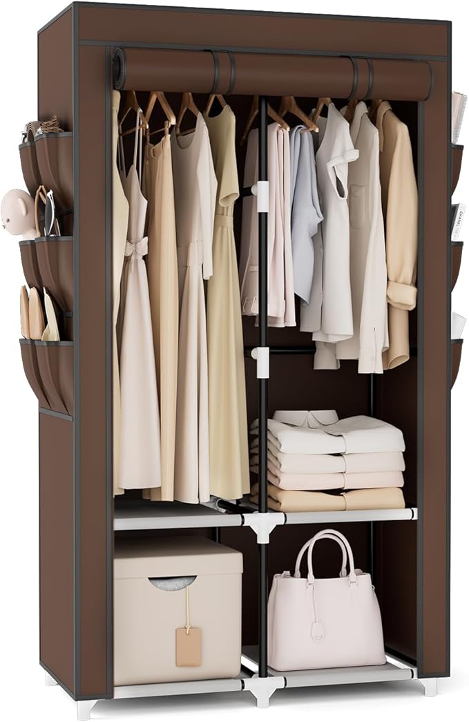 Portable Closet Wardrobe for Hanging Clothes with 4 Storage Shelves, Brown