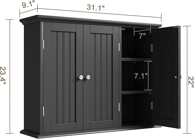 Bathroom Wall Cabinet with 3 Doors, Laundry Cabinet Wall Mounted, Black