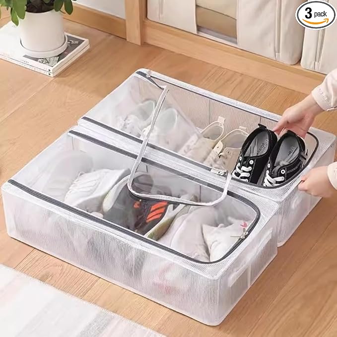 Stackable Shoe Boxes with Clear Lids, 23.6-Inch Boot Storage Bins with Handles for Bedroom Dormitory Under-Bed (3 Pack, 28.5Qt, 23.6x11.8x6in)