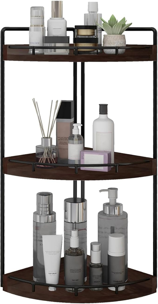 3-Tier Corner Bathroom Organizer Countertop for Storage, Vanity Tray, Walnut