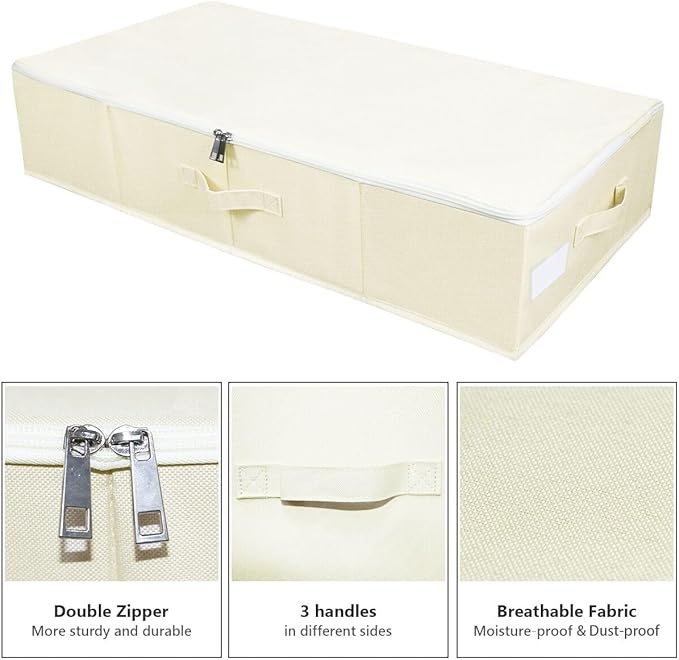 Under Bed Storage Bins with Lids, Closet Organizers, Foldable Under-bed Storage Baskets for Sheets, Clothes, Quilts, Sweaters, Wrapping Paper, 35x16.5x7inch, Beige, 2PCS
