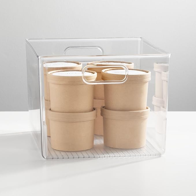 mDesign Plastic Storage Organizer Container Bin for Kitchen Organization in Pantry, Cabinet, Countertop Fridge, Refrigerator, and Freezer - Hold Food, Drink, or Snacks, Ligne Collection, 4 Pack, Clear