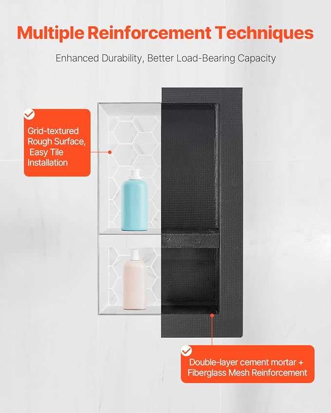 VEVOR Shower Niche, 16 x 24 inch + 16 x 24 inch Recessed Wall Niche with Movable Shelf, 4 inch Thick Modern Soap&Shampoo Storage Organizer,Square Corners,Sealed Waterproof,Black for Bathroom Shower