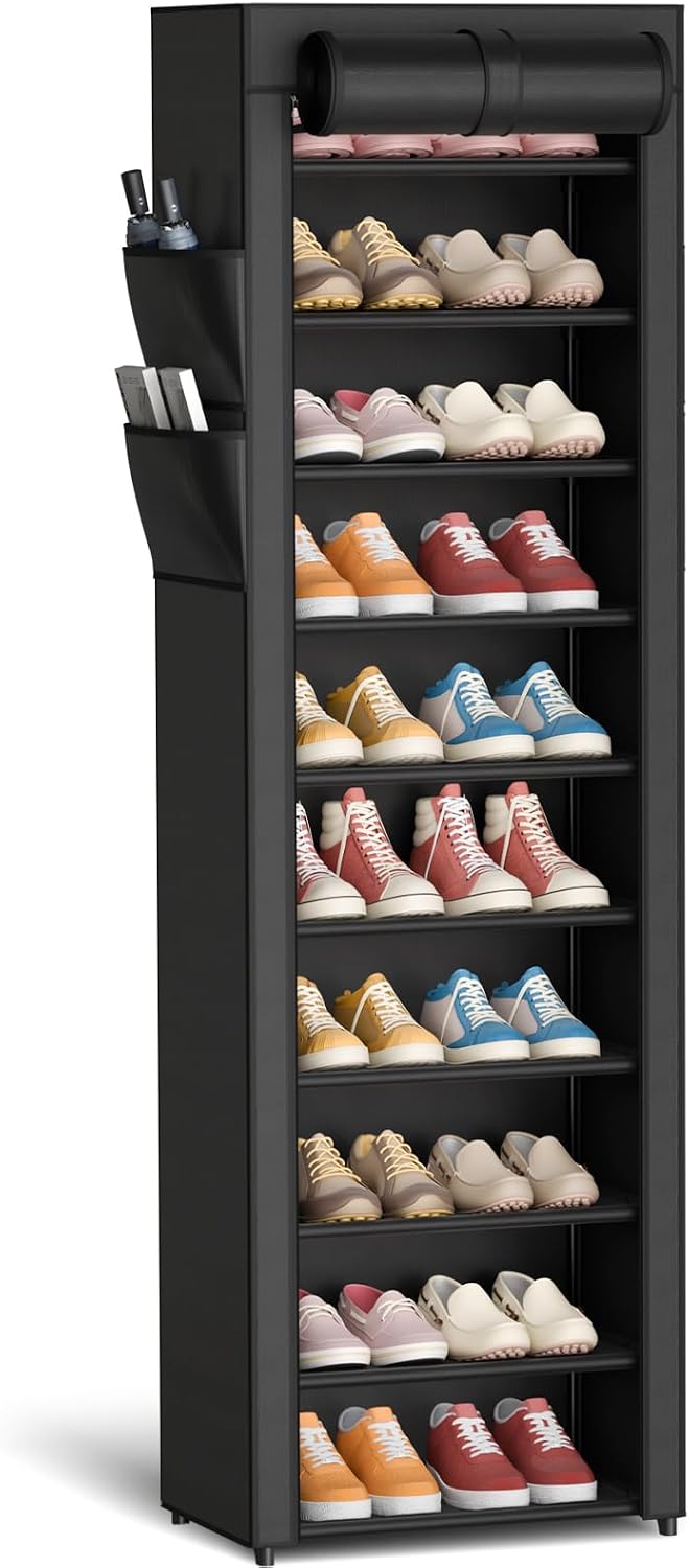 10-Tier Shoe Rack with Cover, Vertical Shelf, 17.5" Wide, Black