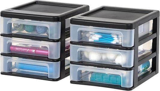 IRIS USA Plastic Stacking Desk Top 3-Drawer Storage Organizer, 2-Pack, for Makeup Vanity Nail Polish Bathroom Stationery Art Craft Supplies Kitchen Office Garage and Small Organization, Small, Black