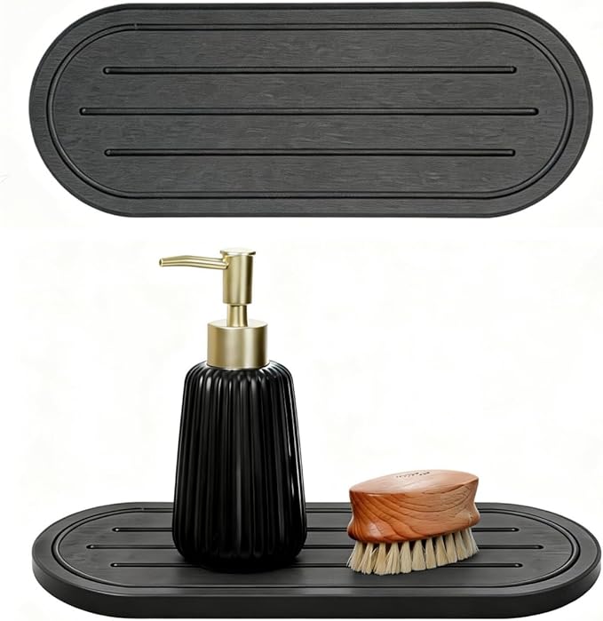 Razborci 2PCS Water Absorbing Stone Drying Tray Mat for Bathroom Sink & Kitchen Counter Faucet Organizer Decor, Quick Dry Dish Soap Dispenser Sponge Holder, Vanity Caddy Coaster,Dark Gray -10"*3.8"