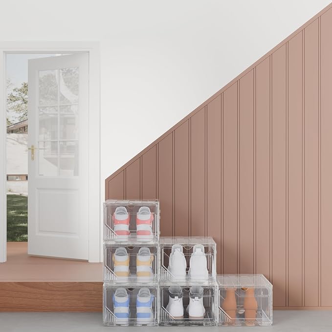 6 Pack Upgraded XX-Large Closet Organizers and Storage with Magnetic Door, New structure is more stable, Thicken & Sturdy Clear Stackable Interconnectable Shoe Box for Entryway, Under Bed