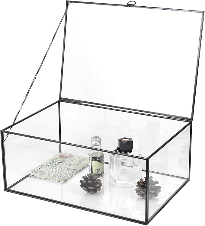 HighFree Vintage Glass Box with Lid - Clear Jewelry Glass Display Box Keepsake Box - Home Decor Decorative Box for Trinket Rings Bracelet (Black, X-Extra Large)