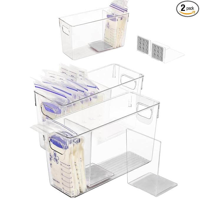 Ugotfeels Breastmilk Storage Container with L Shaped Separator Boards, Dividers Will Flatten Standing Breast Milk Bags in Organizer Bins Save Refrigerator Space | 2 Containers-Gray