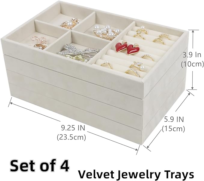 Set of 4 Stackable Jewelry Trays Organizer, Velvet Earring Organizer, Jewelry Organizer Showcase Display Drawer Organizer Storage, Earring Holder Necklace Bracelet Ring Accessary Organizers (Beige)