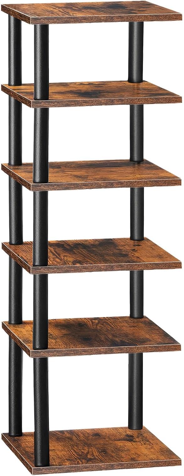 HOOBRO Vertical Shoe Rack, 6-Tier Narrow Shoe Shelf, Shoe Storage Organizer for Small Space, 11" L x 11" W x 39.5" H, Closet, Entryway, Hallway, Bedroom, Rustic Brown and Black BF21XJ01