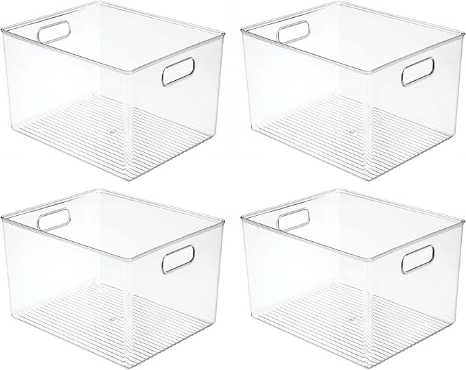 mDesign Plastic Storage Organizer Container Bin for Kitchen Organization in Pantry, Cabinet, Countertop Fridge, Refrigerator, and Freezer - Hold Food, Drink, or Snacks, Ligne Collection, 4 Pack, Clear