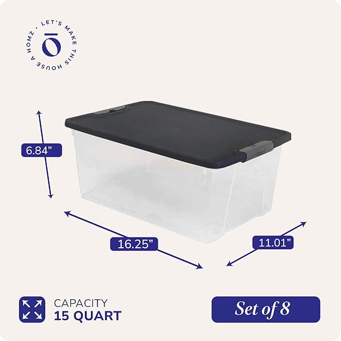 8-Pack Snaplock, Small Clear Plastic Storage Organizer Bins with Lids, 15 Quart