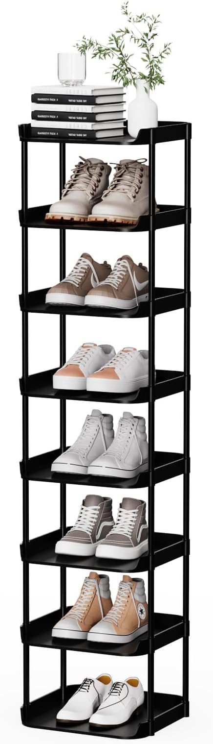 8 Tier Vertical Narrow Shoe Rack, Stackable Tall Skinny Shoerack, Compact Single Shoes Storage Tower for Slim Space, Corner Plastic Shelves, for Hallways, Entryway, Bedrooms Organizer, Black