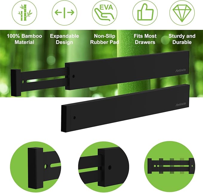 Bamboo Drawer Dividers Organizers, Expandable Drawer Separators Splitter, Black