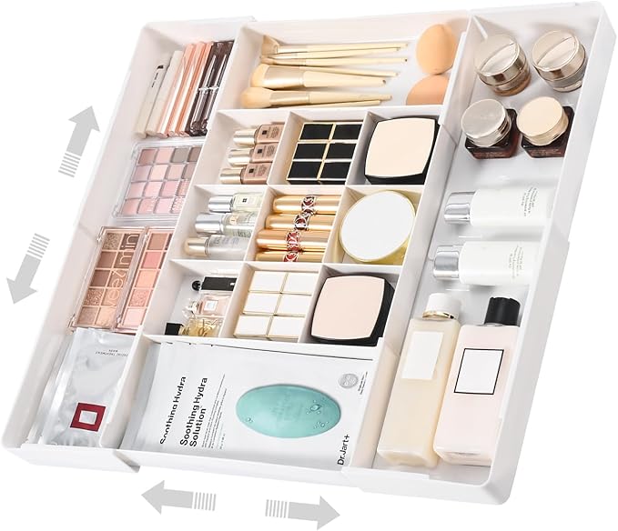Expandable Drawer Organizer, Width (10.6"-20.1") Depth (11"-20.1"), Plastic Makeup Drawer Organizer with 6 Removable Dividers, Silverware Organizer, Great for kitchen and Bathroom Drawers