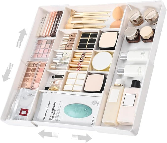 Expandable Drawer Organizer, Width (10.6"-20.1") Depth (11"-20.1"), Plastic Makeup Drawer Organizer with 6 Removable Dividers, Silverware Organizer, Great for kitchen and Bathroom Drawers
