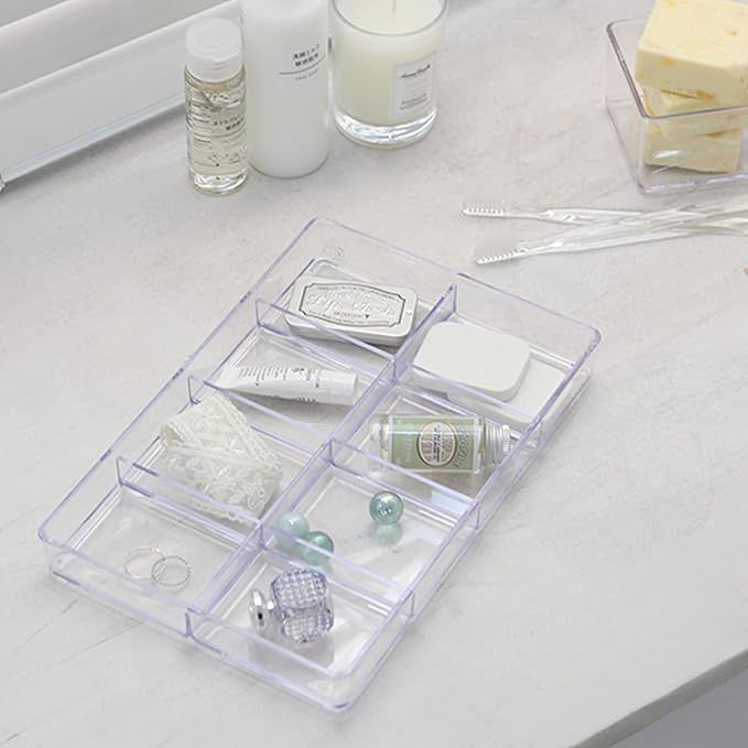 carrotez Small Stackable Jewelry Organizer Tray, 8 Grid, Clear Plastic Drawer Organizer for Makeup, Accessories, Desk, Vanity