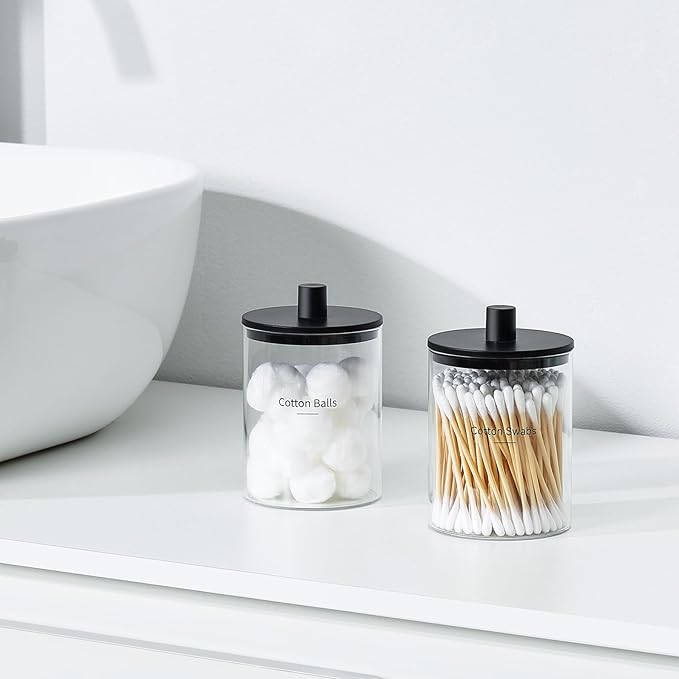 Glass Qtip Holder Dispenser, 10 oz Clear Canister Apothecary Jar, 2 Pack, Black