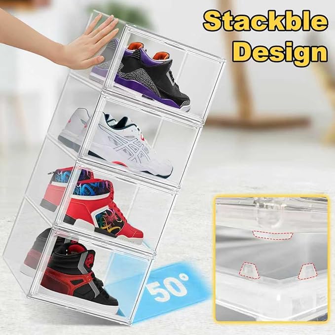 Clear Shoe Boxes Plastic Stackable ‌Shoe Cabinet‌ with Acrylic Magnetic Lids Drop Side Sneaker Display Case for Closet, Entryway, Fits Men's or Women's Shoes up to Size 12.5 (14.17''x10.62''x8.07'')
