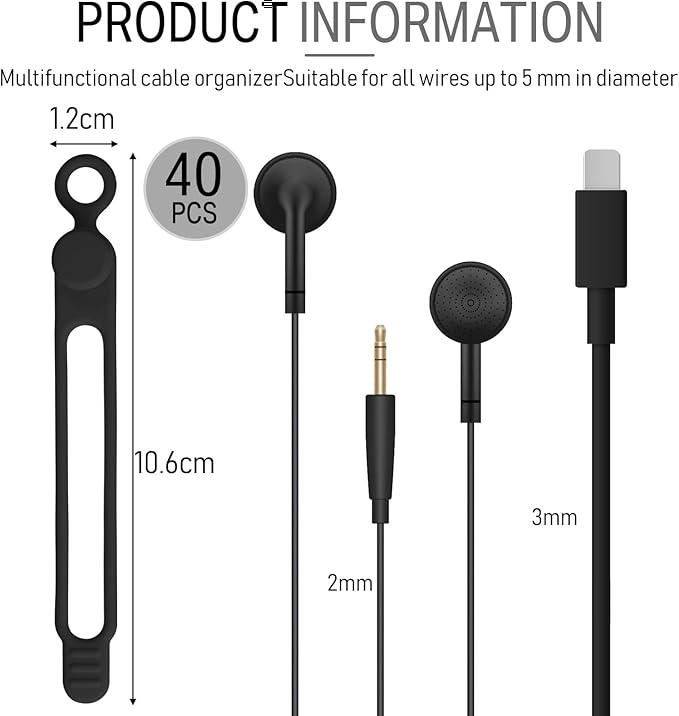 Nuanchu 40 Pcs Silicone Cable Ties Reusable Holder Adjustable Straps Multipurpose Charging Cable Organizer for Fastening Charging Cords Wires(4.17 Inch,Black)