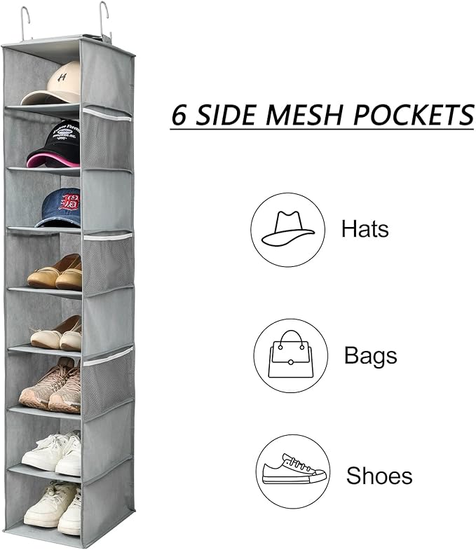 Berdeng Hanging Shoe Organizer for Closet with Side Mesh Pockets，Hat Racks for Baseball Caps，Shoe and Hat Holder & Storage，8-Shelf，Gray，2 Pack