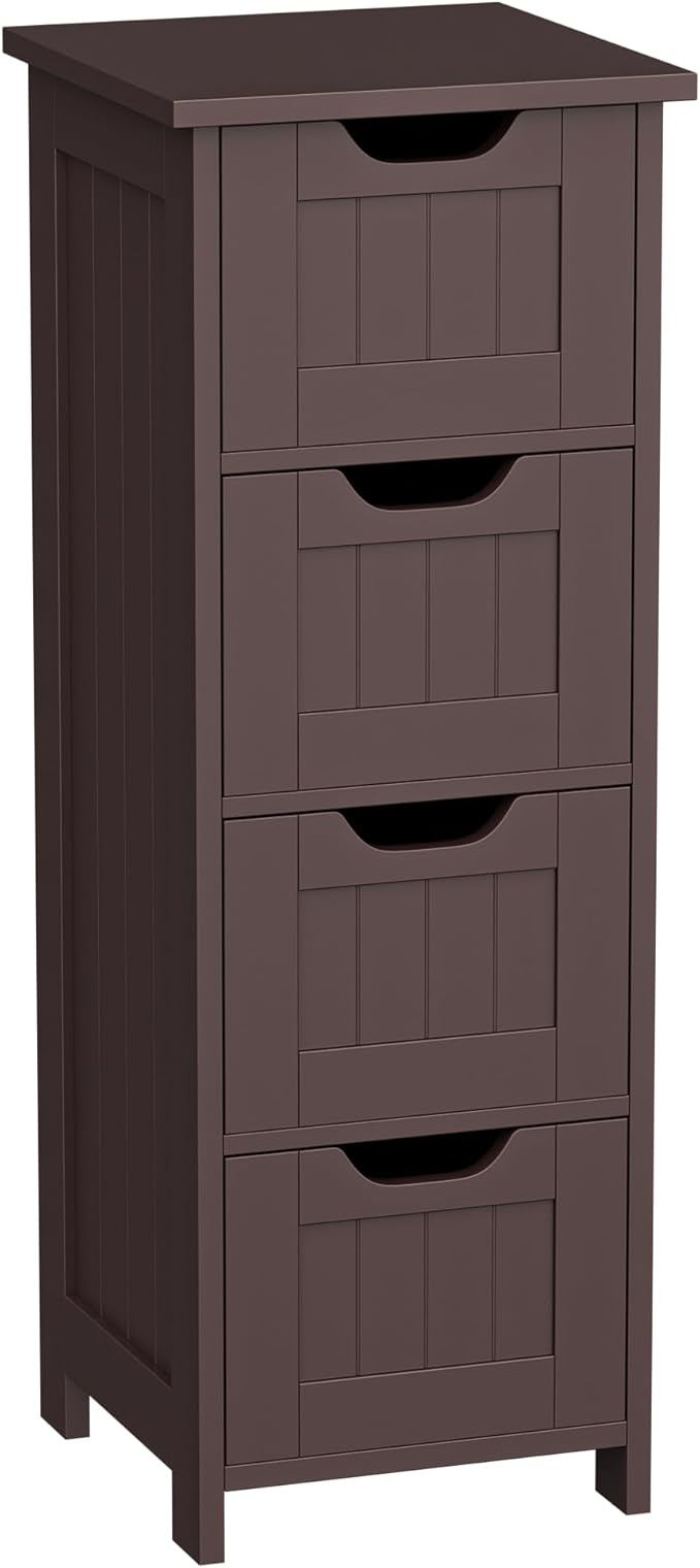 Bathroom Floor Storage Cabinet, Freestanding Wooden Side Organizer w/4 Drawers & Anti-Tip Kit for Bathroom Living Room Hallway Office Study, Coffee