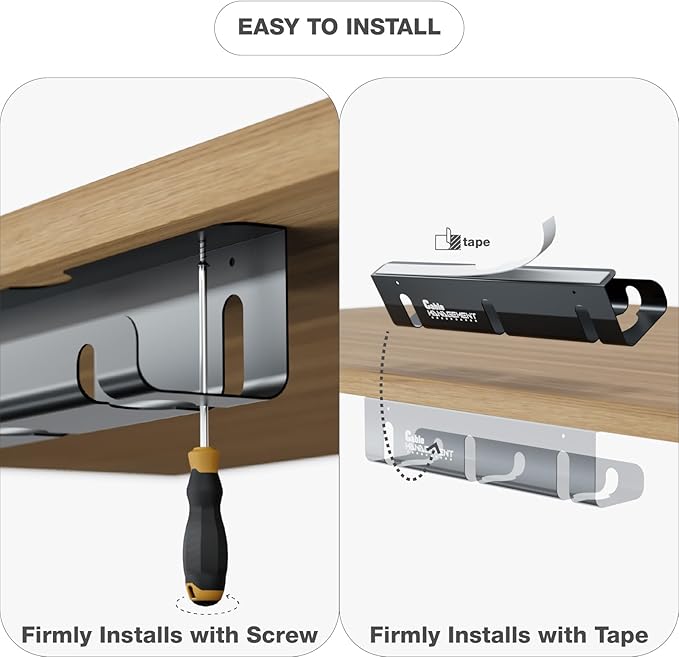 Under Desk Cable Management Tray, 2 Pack 16 Inch Black Metal Cord Organizer, No Drill Adhesive or Screw Mount for Glass/Marble/Office/Gaming Desk, Black