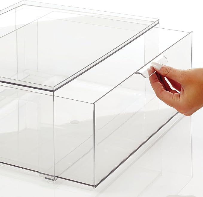 mDesign Plastic Stackable Closet Storage Organizer Bin Containers with Front Pull Drawer for Cabinet, Desk, Shelf, Cupboard, or Dresser Organization - Lumiere Collection - 2 Pack - Clear