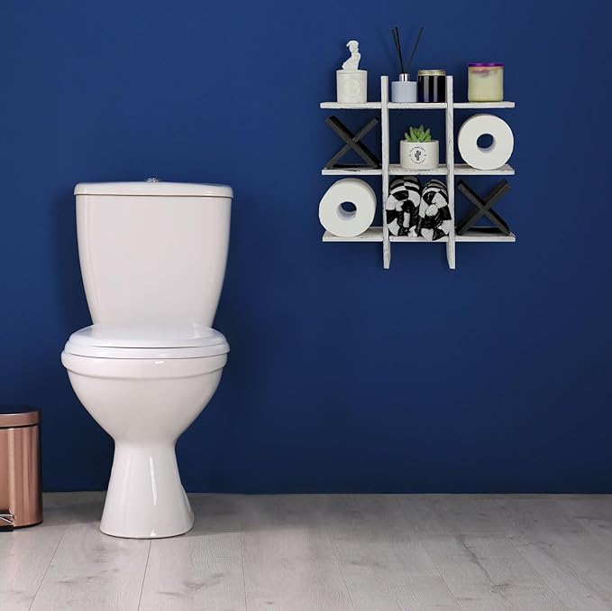 Weysat Tic Tac Toe Toilet Paper Holder Stand Bathroom Wall Decor Rustic Wooden Hanging Storage Freestanding Wall Mounted Shelves Decor for Toilet Tissue Farmhouse