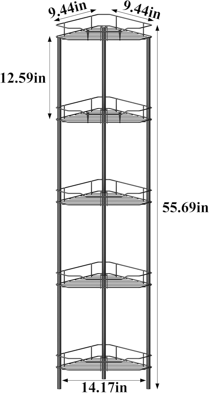 5 Tier Floor Standing Corner Shower Caddy Organizer Shelf with Hooks, Matt Black