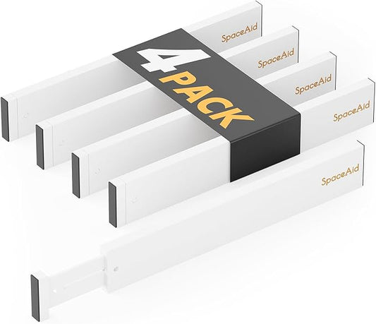 4 Pack Bamboo Drawer Dividers with Labels, 17-22 in, White