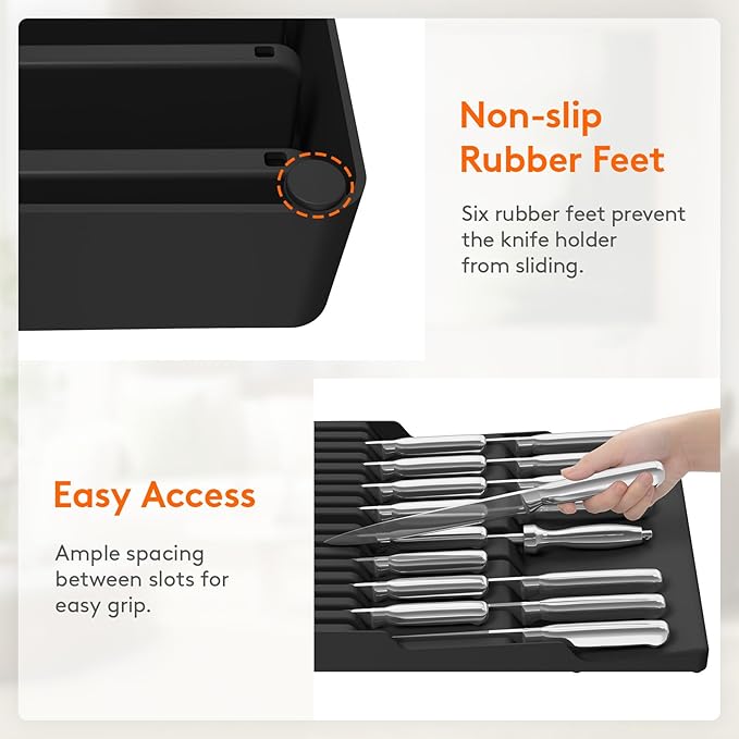 Lifewit Magnetic Drawer Knife Organizers Insert, Kitchen Plastic In Drawer Knife Block Slots, Steak Chefs Knives Holder Storage for 16 Knives and 1 Sharpening Steel, Extra Large, Black, 16.5"/42 cm(W)