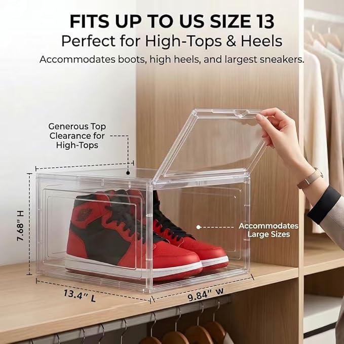 Large Clear Shoe Storage Boxes Stackable, 12 Pack Hard Plastic Shoe Storage Organizer with Magnetic Door, Shoe Container Sneaker Storage Display Case Fit up to US Size 13 Clear