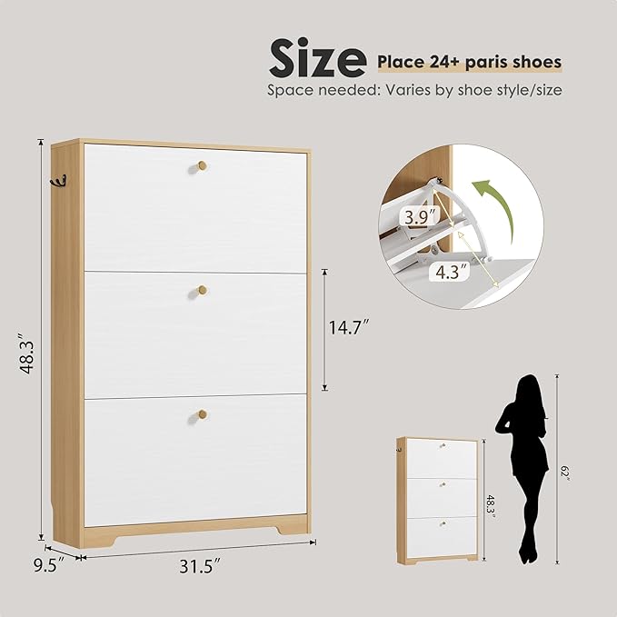 Nicetree Shoe Cabinet with 3 Flip Drawers，Freestanding Shoe Storage Cabinet, Narrow Shoe Organizer Cabinet, Farmhouse Slim Shoe Rack Cabinet for Entryway,Natural Oak and White with Hook